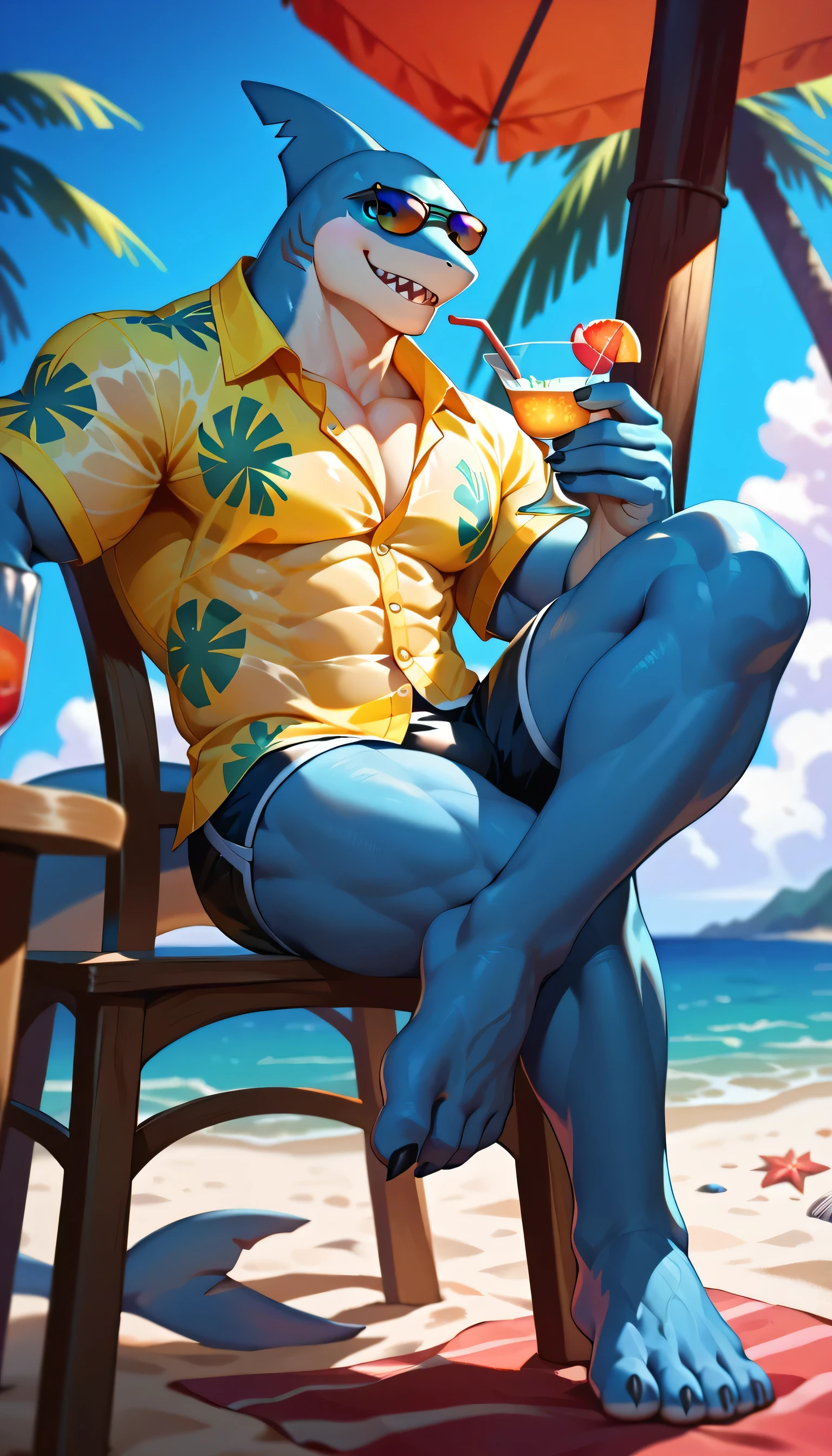 yoru valorant, shirtless, fully shirtless, wearing sunglasses, beach background, ⛱️, drinking coconut