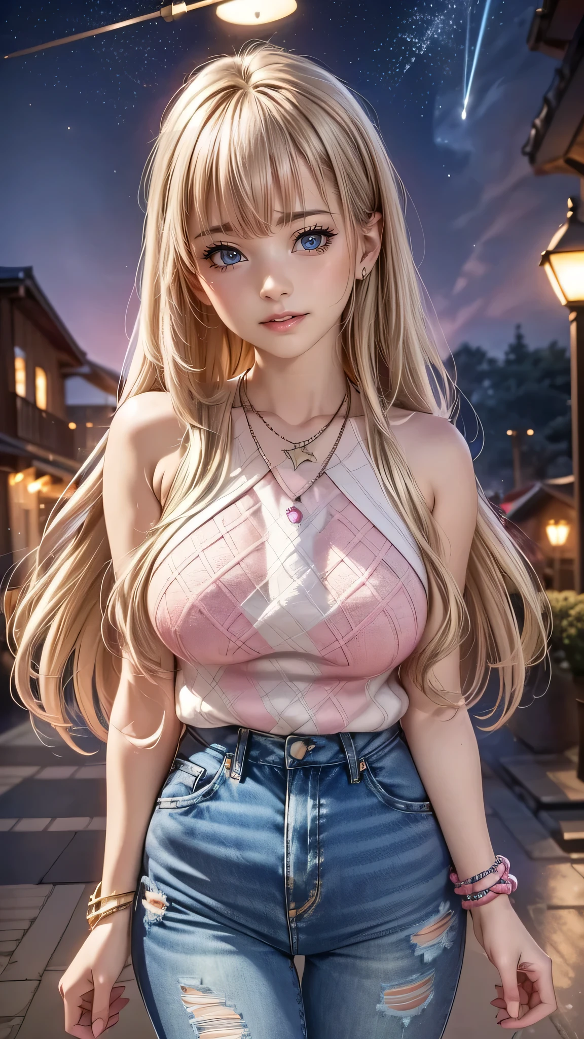 more absurd,  ultra-detailed,bright colour,(in 8k:1.3),masuter piece,extremely beautiful detailed face and eyes,8k,(Deep Blue Eyes:1.2),(Loose Size Pink Argyle Knit:1.4),(Short denim:1.2),Cute smile、Synchrosis Necklace、Stylish bracelets,Inside the boutique,(Full body:1.2)   X-Hair,aurora、city light、 constellation 、crescent,intergalactic,lamp post, Particles of light,  milkyway, natta, nigh sky, outside of house, planets, Power lines, shooting stars,  Skysky, Skyscraper, solo、Stargazing,Star_\(skyporn\)、starrysky、Winters、(Smooth straight blonde hair:1.3), (Shiny hair:1.2), Delicate beautiful face, red blush、