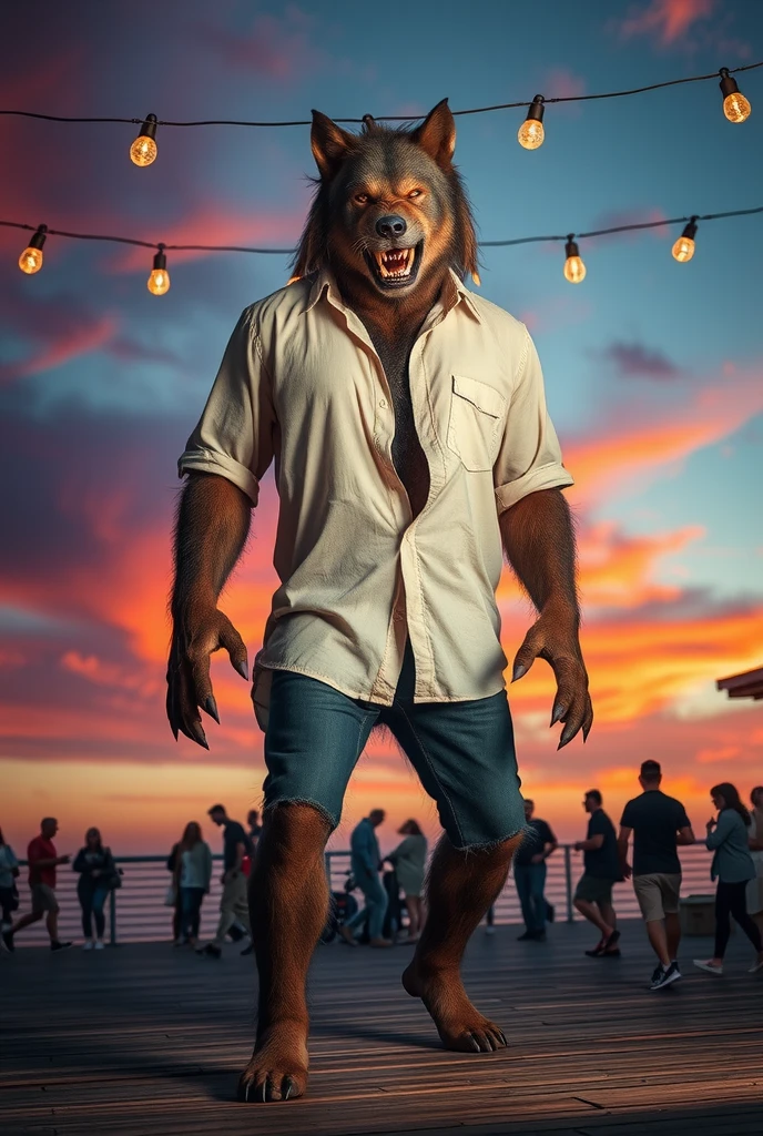 a large werewolf figure standing on a wooden deck, wearing a partially unbuttoned white shirt, with dark, furry legs and clawed feet. The werewolf has a menacing expression with sharp teeth visible, pointed ears, and a prominent snout. The sky in the background is vibrant, displaying a colorful sunset with shades of blue, purple, and orange, and a string of lights hanging above adds to the ambience. In the background, several people are casually walking or standing in small groups, seemingly unbothered by the creature. The scene has a surreal, slightly eerie feel, blending the ordinary with the supernatural.