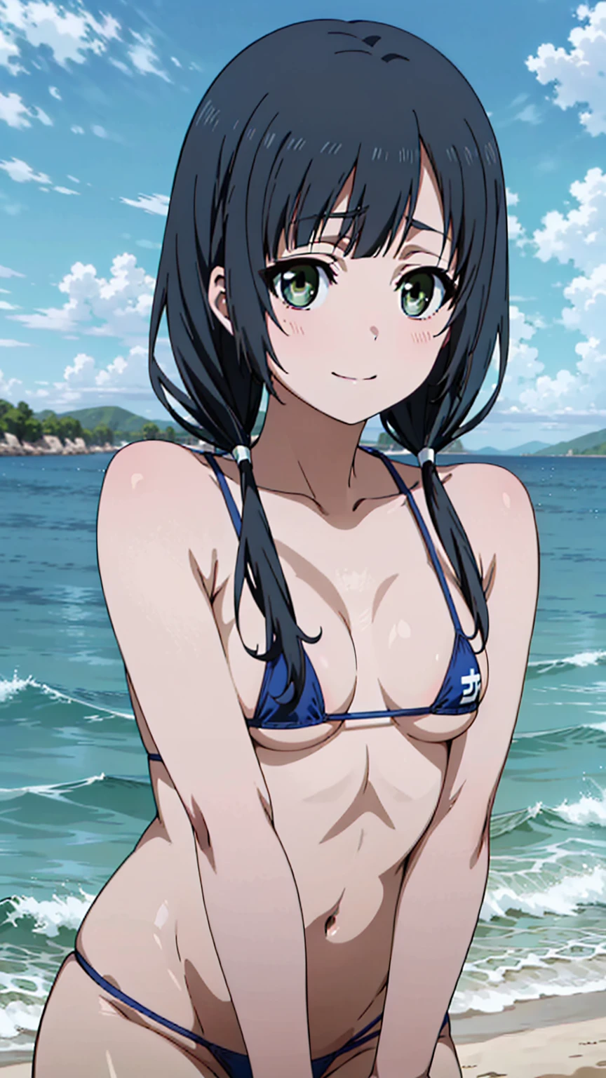 score_9, score_8_up, score_7_up, source_anime,  (anime coloring,  anime screencap:1.2), flat color,  megami magazine, shiny skin,ema yasuhara, long hair, black hair, twintails, black eyes, low twintails,smile,naked,( micro bikini:1.3),sea, beach ,blue sky,upper body,looking at viewer,anime style,high quality,masterpiece,highly detailed, Small breasts