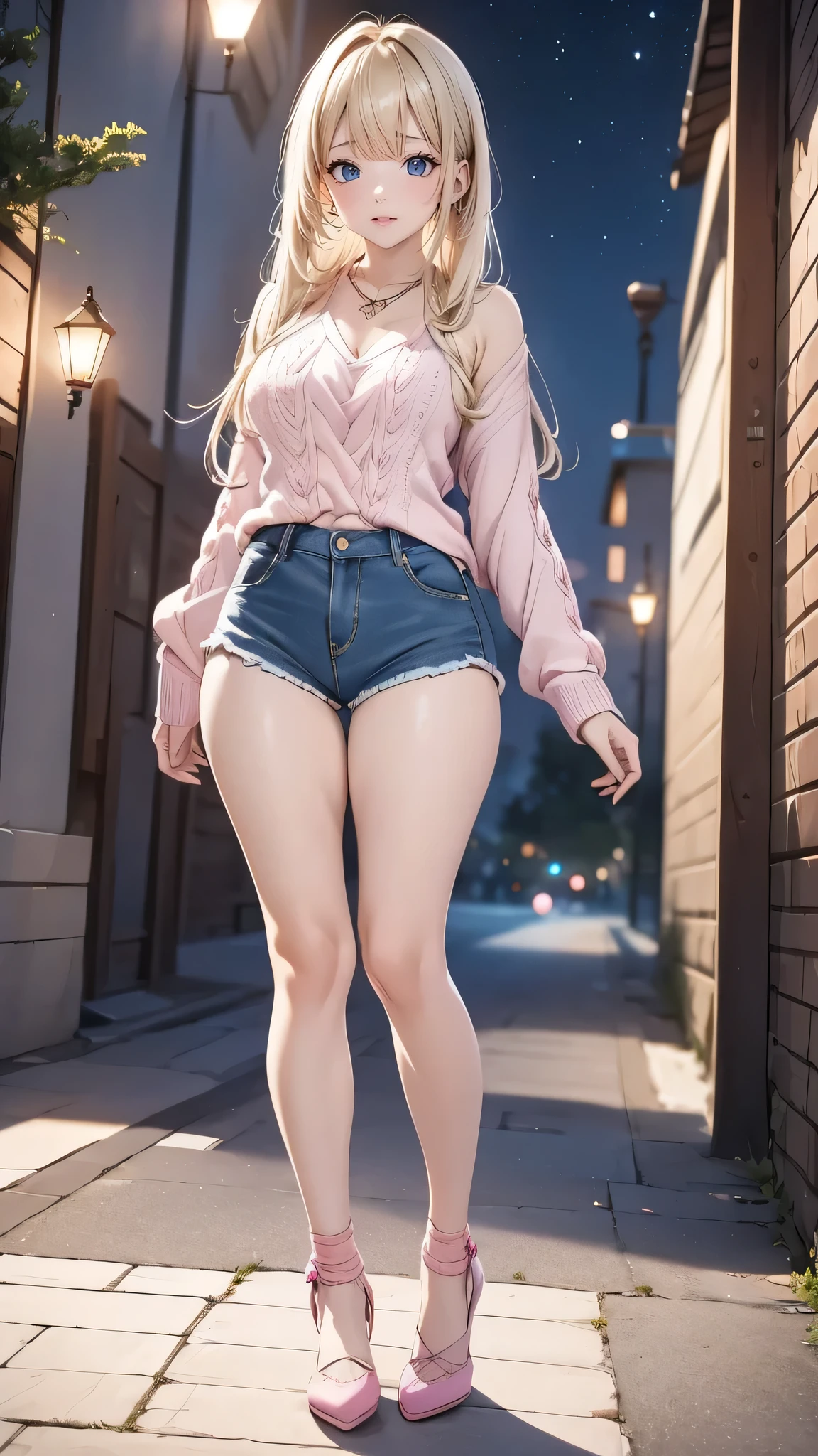 more absurd,  ultra-detailed,bright colour,(in 8k:1.3),masuter piece,extremely beautiful detailed face and eyes,8k,(Deep Blue Eyes:1.2),(Loose Size Pink Argyle Knit:1.4),(Short denim:1.2),Cute smile、Synchrosis Necklace、Stylish bracelets,Inside the boutique,(Full body:1.2)   X-Hair,aurora、city light、 constellation 、crescent,intergalactic,lamp post, Particles of light,  milkyway, natta, nigh sky, outside of house, planets, Power lines, shooting stars,  Skysky, Skyscraper, solo、Stargazing,Star_\(skyporn\)、starrysky、Winters、(Smooth straight blonde hair:1.3), (Shiny hair:1.2), Delicate beautiful face, red blush、