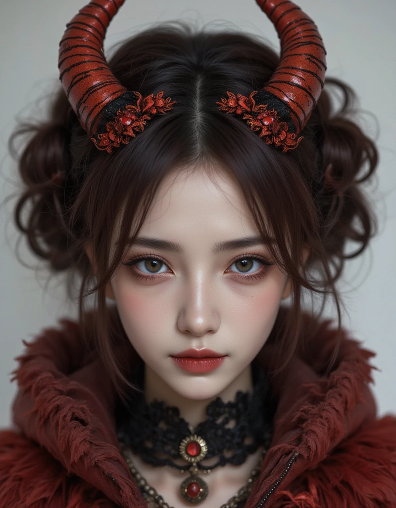 RAW photo, portrait of a beautiful korean girl wearing haloween devil costume, luminous eyes, grey eyes, bright skin, realistic skin textured, photo shoot, potrait model, model, ulzzang, beauty photoshoot, (high detailed skin:1.2), 8k uhd, dslr, soft lighting, high quality, film grain, Fujifilm XT3, haloween themes, photorealistic, green eyes, close up, perfecteyes, haloweeen devil costume, detailed eyes, hyper realistic eyes, perfect detailed eyes, korean face, black dress haloween