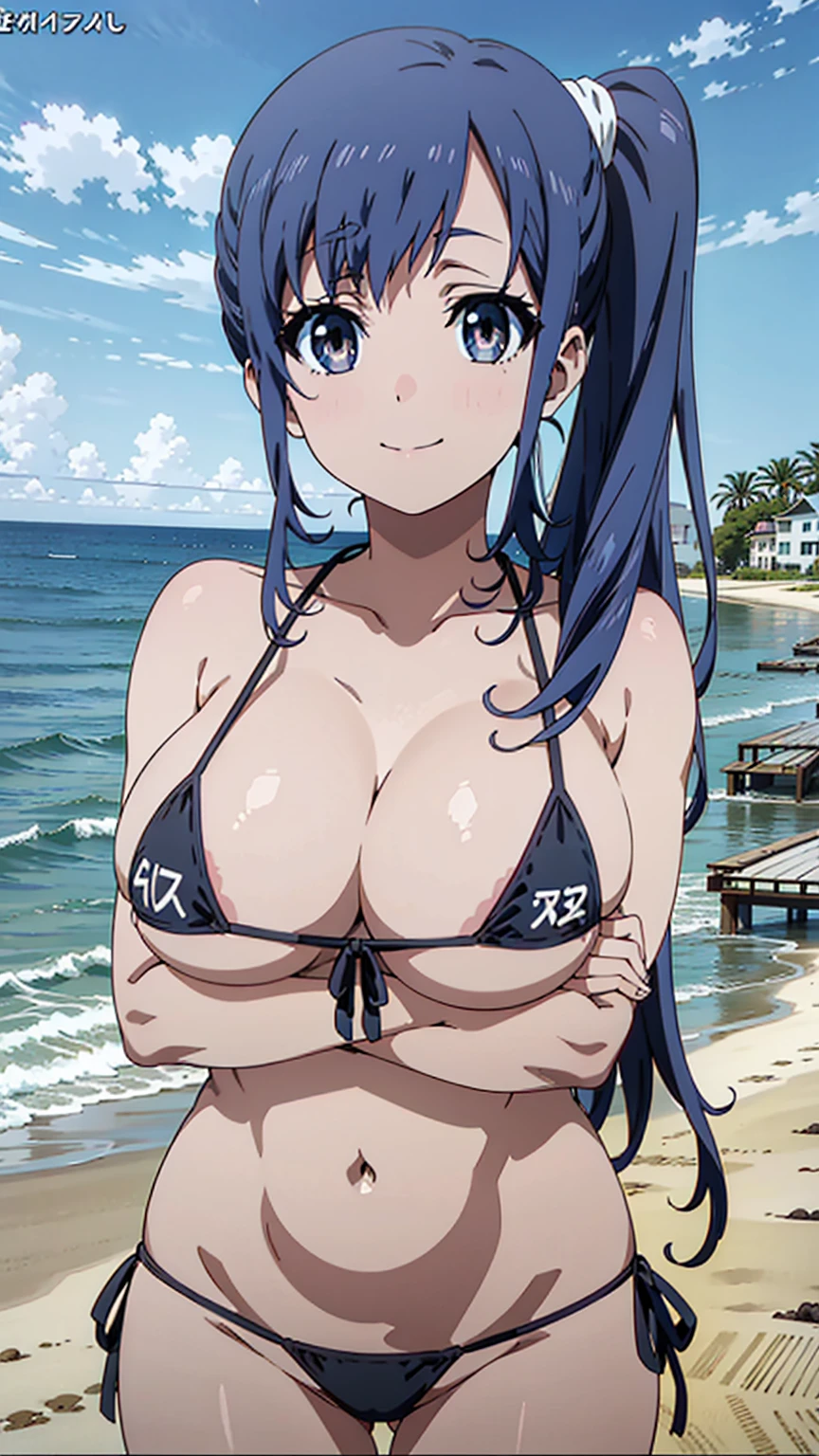 score_9, score_8_up, score_7_up, source_anime,  (anime coloring,  anime screencap:1.2), flat color,  megami magazine, shiny skin,midori imai, long hair, black hair, blue hair, black eyes, side ponytail,(Smile), ( micro bikini:1.3),sea, beach ,blue sky,upper body,looking at viewer,anime style,high quality,masterpiece,highly detailed, Huge breasts,hanging breasts,gigantic breasts,long breasts,brest apart、sagging breasts