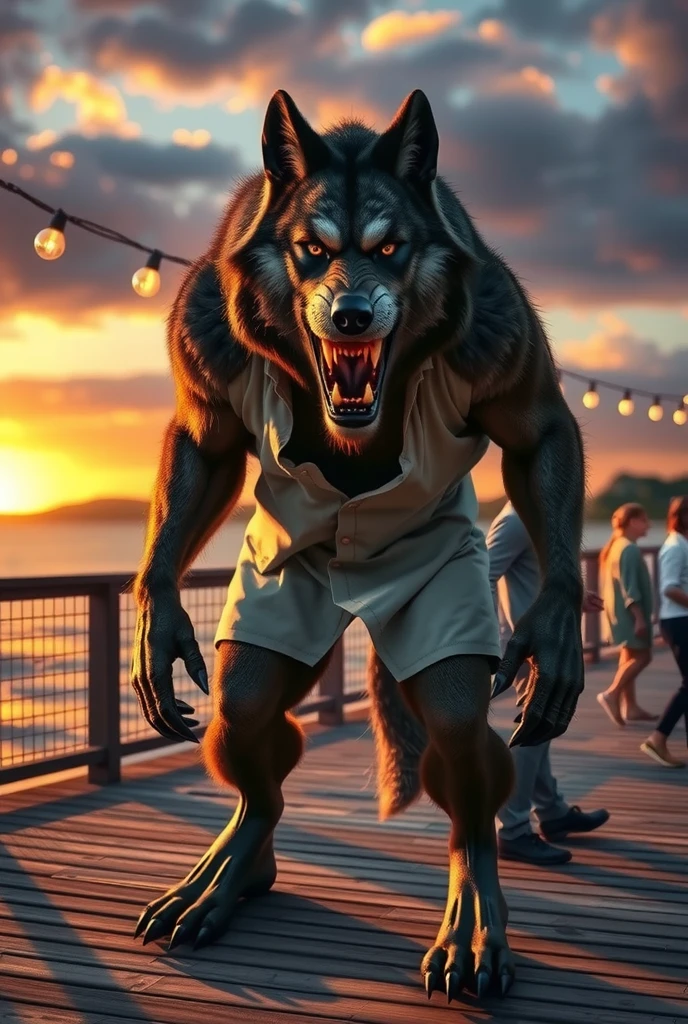 a large werewolf figure standing on a wooden deck, wearing a partially unbuttoned white shirt, with dark, furry legs and clawed feet. The werewolf has a menacing expression with sharp teeth visible, pointed ears, and a prominent snout. The sky in the background is vibrant, displaying a colorful sunset with shades of blue, purple, and orange, and a string of lights hanging above adds to the ambience. In the background, several people are casually walking or standing in small groups, seemingly unbothered by the creature. The scene has a surreal, slightly eerie feel, blending the ordinary with the supernatural.