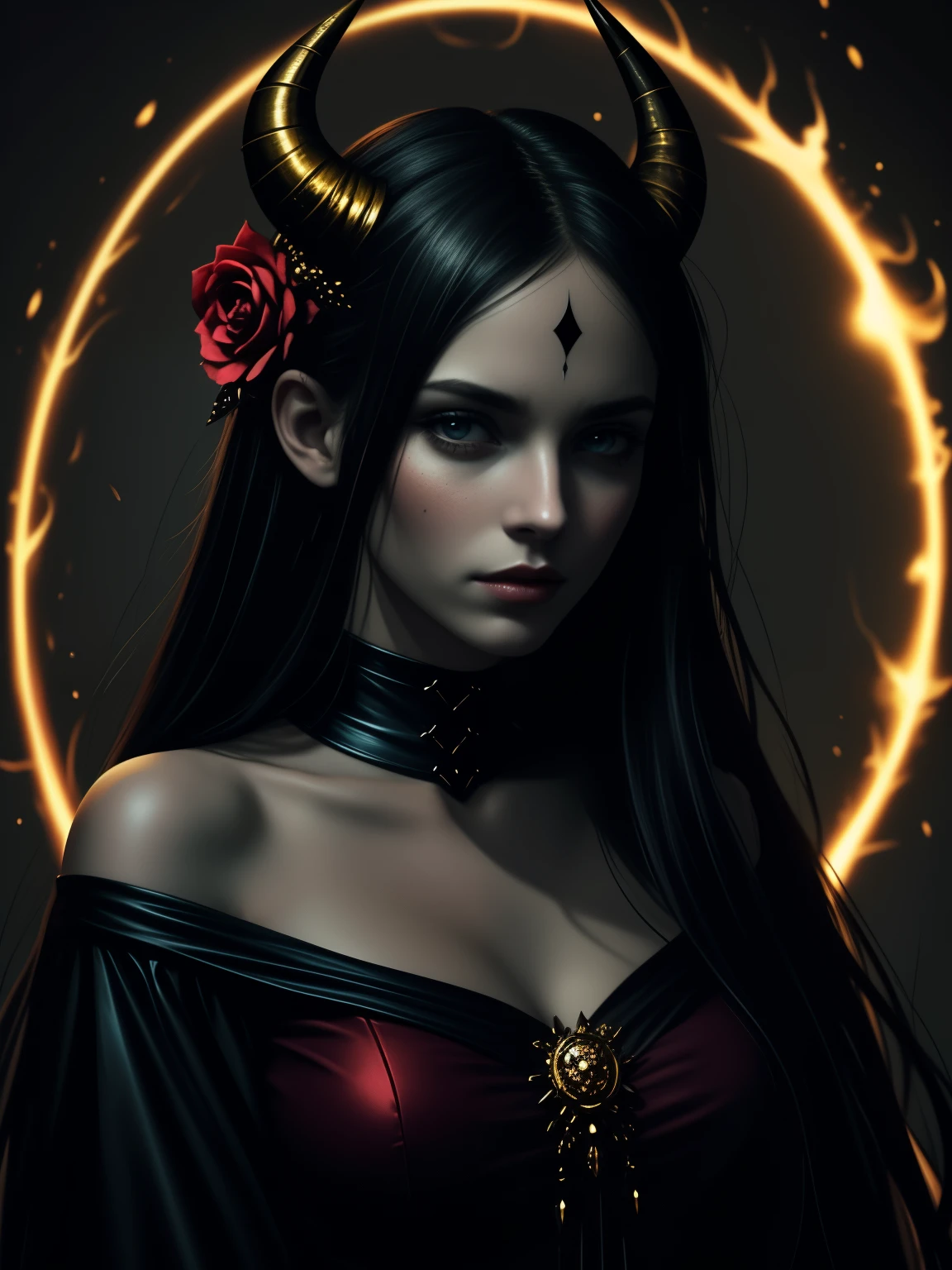 a woman with horns and a flower in her hair, demon girl, portrait of demon girl, dark fantasy style art, fantasy art style, fantasy dark art, demon anime girl, beautiful succubus, tiefling, cute face. dark fantasy, dark art style, neoartcore and charlie bowater, dark fantasy art, in style of dark fantasy art, an image of a woman with horns and a full moon in the background with a, portrait of demon girl, demon girl, beautiful fantasy art portrait, demon anime girl, beautiful necromancer girl, epic fantasy art portrait, beautiful anime portrait, fire goddess, gorgeous digital art, charlie bowater art style, lava and fire goddess, anime fantasy artwork, beautiful girl necromancer, portrait of a female demon, appears as the fire goddess, demoness, beautiful digital artwork, beautiful fantasy portrait, beautiful anime art style, fantasy art portrait, A mystical portrait of a young woman with dark hair adorned with a white flower and two curved horns. She has striking features, including freckled skin and piercing eyes that convey an intense emotion. A golden ornament rests on her forehead, and she wears a dark, high-collared garment. Behind her, a large glowing moon casts an ethereal light, while fiery motifs and subtle sparkles enhance the dramatic atmosphere. The overall color scheme combines dark tones with hints of red and gold.