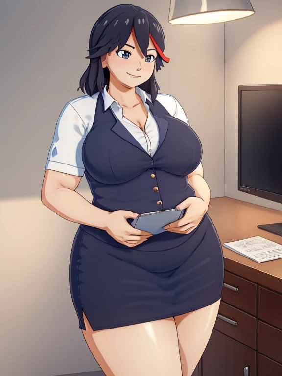 high quality, best quality, beautiful, perfect lighting, detailed face, ((1girl)), ((solo)), Imagine Ryuko Matoi as an adult secretary, 45yo, MILF, plus sized milf, mature face, fat face, chubby cheeks, slight wrinkles around the face, ((medium breasts)), chubby, love handles, muffin-top, round belly BREAK (Wearing: Navy blue business suit, crimson undershirt, navy blue pencil skirt) BREAK smile, ((blush)), looking at viewer BREAK (Background: Indoors, corporate office)
