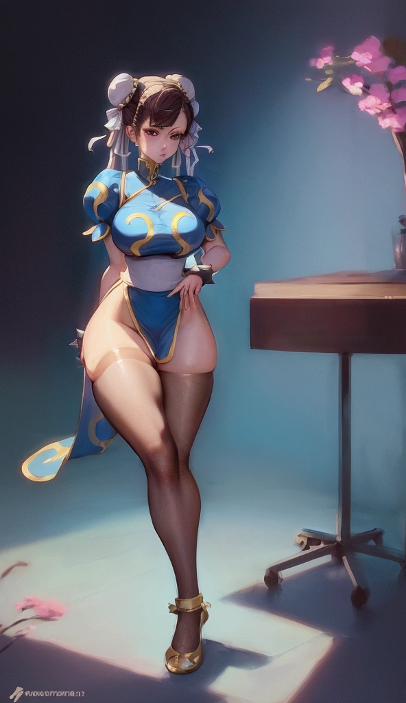 ((Detailed, masterpiece, high definition, 8K)) chun li, wide hips, big ass, nice breasts, tight outfit, seductive, seductive stance, dynamic stance, bedroom, seductive little smile on face