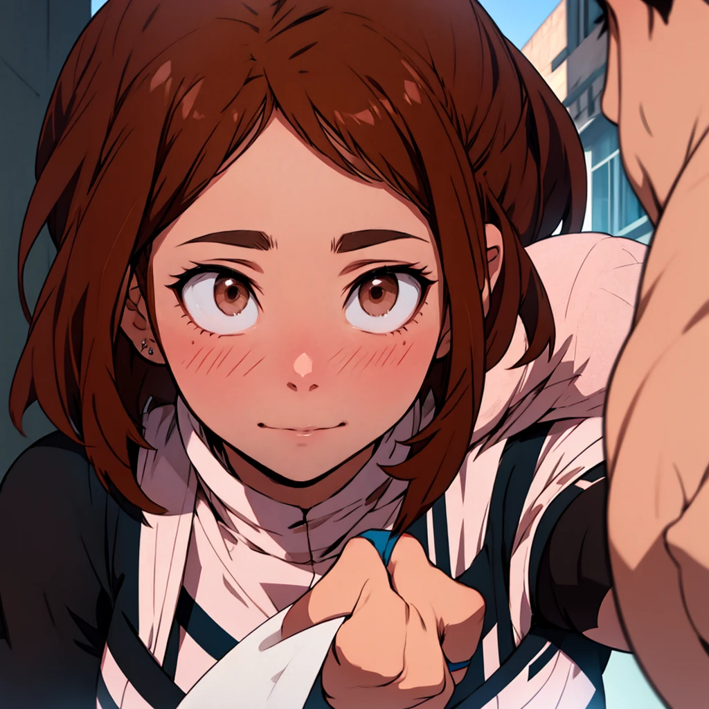 [Uraraka Ochako, female] [brown hair, short hair, brown eyes] [pink, black, white ripped loetard, tight, lowcut] [day time] [detail eyes, detail face, detail hand] [alone, standing, trying on new suite]