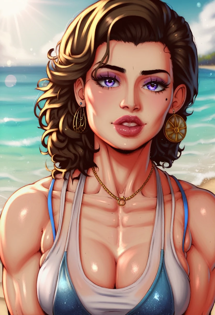 : 45 year old irish housewife, let her look like really 45 years old and not too young, , housewife haircut, she is a little bit chubby and has saggy and enormous breasts, she is smiling and on a beach, nude, she is very pale with a heavy sunburn, cleavage