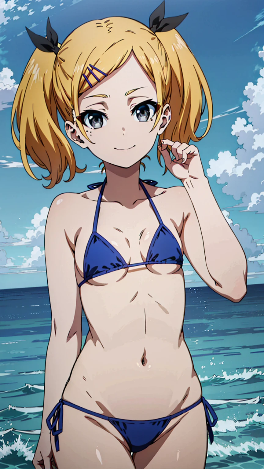 Seina Kashiwazaki, 1girl in, a blond, ponytail, butterfly hair ornament, (medium breast), Light blue micro bikini, (cowboy_shot), sand beach