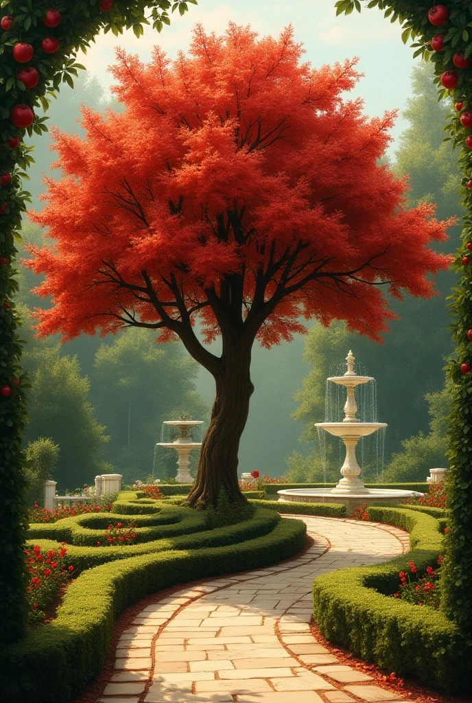 This art has to be in 3D of a beautiful garden of white roses with trees with red leaves and in the center of the garden a beautiful fountain with angels decorating it.