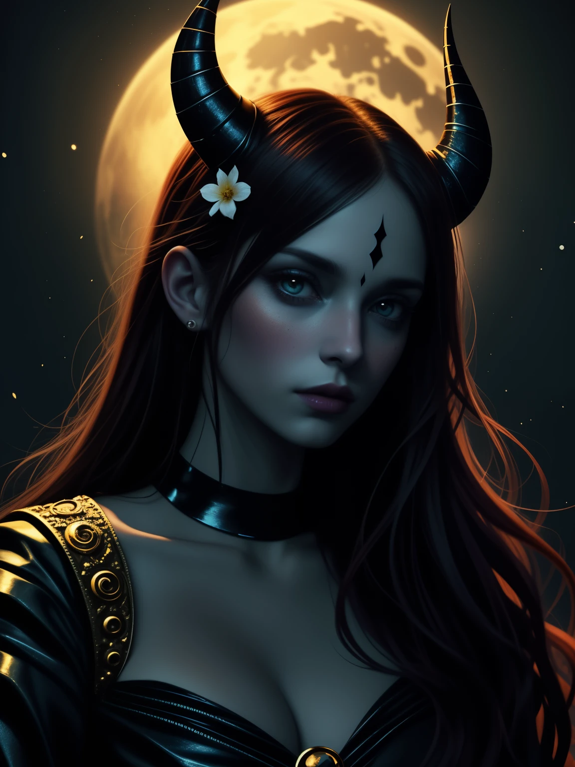 a woman with horns and a flower in her hair, demon girl, portrait of demon girl, dark fantasy style art, fantasy art style, fantasy dark art, demon anime girl, beautiful succubus, tiefling, cute face. dark fantasy, dark art style, neoartcore and charlie bowater, dark fantasy art, in style of dark fantasy art, an image of a woman with horns and a full moon in the background with a, portrait of demon girl, demon girl, beautiful fantasy art portrait, demon anime girl, beautiful necromancer girl, epic fantasy art portrait, beautiful anime portrait, fire goddess, gorgeous digital art, charlie bowater art style, lava and fire goddess, anime fantasy artwork, beautiful girl necromancer, portrait of a female demon, appears as the fire goddess, demoness, beautiful digital artwork, beautiful fantasy portrait, beautiful anime art style, fantasy art portrait, A mystical portrait of a young woman with dark hair adorned with a white flower and two curved horns. She has striking features, including freckled skin and piercing eyes that convey an intense emotion. A golden ornament rests on her forehead, and she wears a dark, high-collared garment. Behind her, a large glowing moon casts an ethereal light, while fiery motifs and subtle sparkles enhance the dramatic atmosphere. The overall color scheme combines dark tones with hints of red and gold.