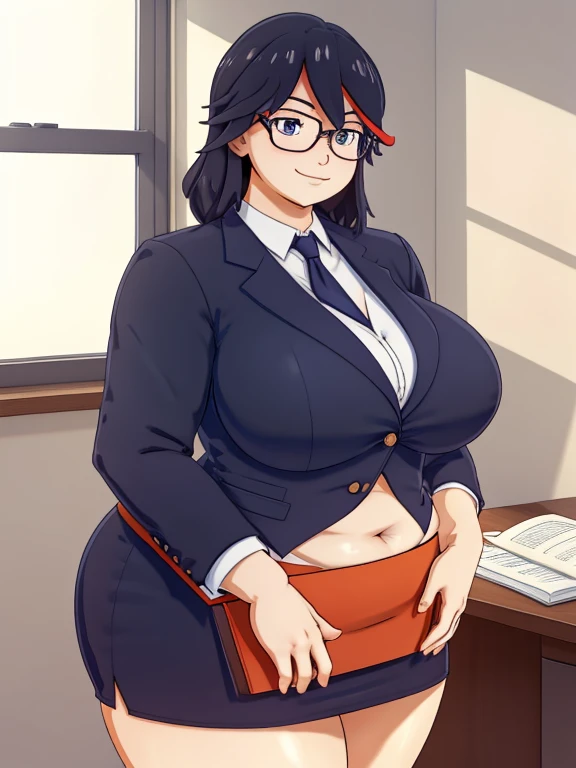 high quality, best quality, beautiful, perfect lighting, detailed face, ((1girl)), ((solo)), Imagine Ryuko Matoi as an adult secretary, 45yo, MILF, plus sized milf, mature face, fat face, chubby cheeks, slight wrinkles around the face, ((medium breasts)), chubby, love handles, muffin-top, round belly BREAK (Wearing: Orange glasses, Navy blue business suit, crimson undershirt, navy blue pencil skirt) BREAK smile, ((blush)), looking at viewer BREAK (Background: Indoors, corporate office)
