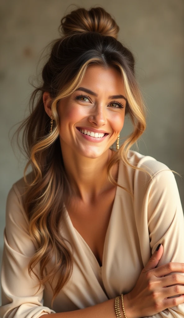 quality, High resolution, 8k wallpaper, Beautiful Caucasian Woman、, trench coat、 Blonde 、Wavy Hair、、 、ear piercing、smile、Beautiful teeth alignment