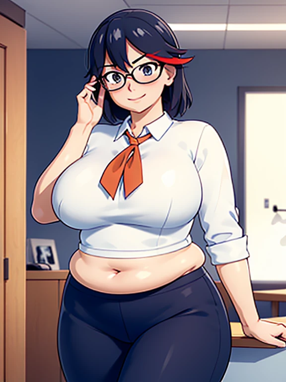 high quality, best quality, beautiful, perfect lighting, detailed face, ((1girl)), ((solo)), Imagine Ryuko Matoi as an adult secretary, 45yo, MILF, plus sized milf, mature face, fat face, chubby cheeks, slight wrinkles around the face, ((medium breasts)), chubby, love handles, muffin-top, round belly BREAK (Wearing: Orange glasses, Navy blue business suit, crimson blouse, navy blue pencil skirt) BREAK smile, ((blush)), looking at viewer BREAK (Background: Indoors, corporate office)
