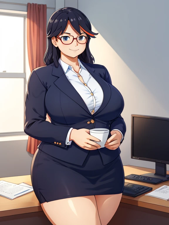 high quality, best quality, beautiful, perfect lighting, detailed face, ((1girl)), ((solo)), Imagine Ryuko Matoi as an adult secretary, 45yo, MILF, plus sized milf, mature face, fat face, chubby cheeks, slight wrinkles around the face, ((medium breasts)), chubby, love handles, muffin-top, round belly BREAK (Wearing: Orange glasses, Navy blue business suit, crimson blouse, navy blue pencil skirt) BREAK smile, ((blush)), looking at viewer BREAK (Background: Indoors, corporate office)
