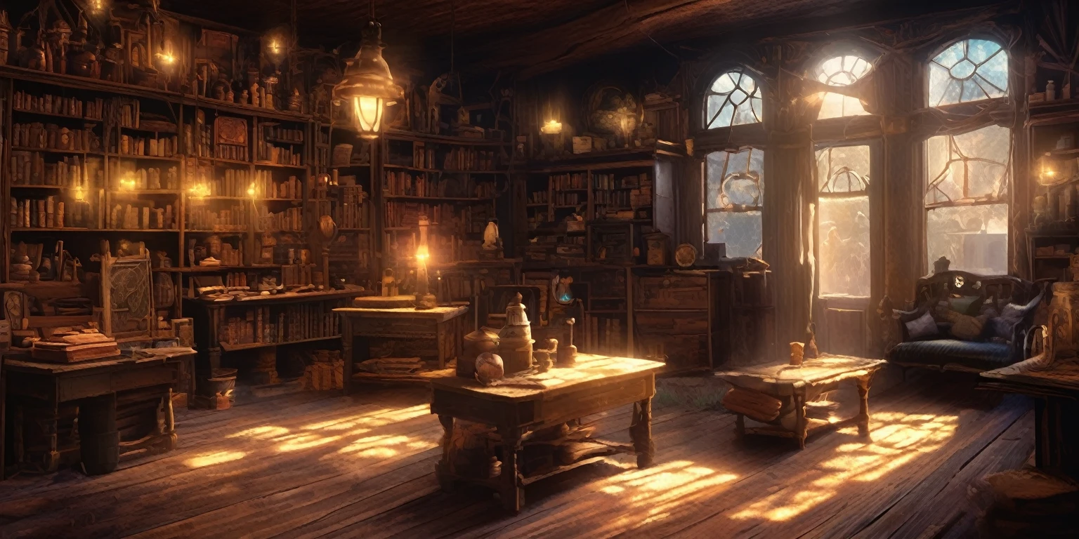 "A dimly lit antique store filled with shelves of relics and mystical objects, all covered in a fine layer of dust. The room is shadowy, with beams of light filtering through grimy windows, illuminating shelves crowded with ancient artifacts, mysterious trinkets, and forgotten treasures. The air feels heavy, almost magical, as if each item holds secrets of the past. Cobwebs hang from corners, and the wood floor creaks with age. Style: dark, mystical, cinematic realism, highly detailed. Lighting: soft, warm glow with cool shadows." lcas artstyle 