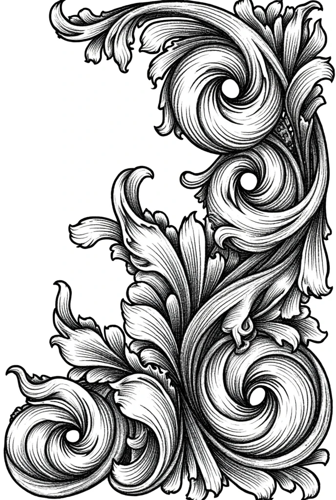 create a black and white flowing woven simple hatched fill McKenzie scrolls