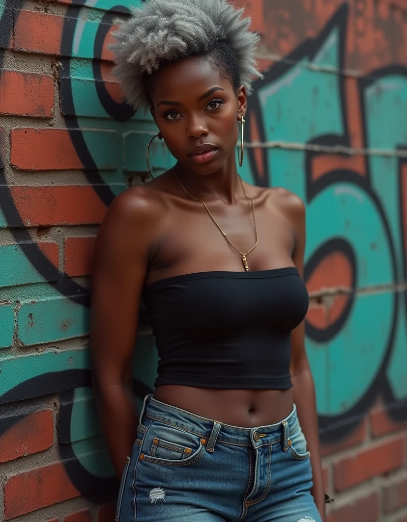 stunningly beautiful VURLY HAIR curvy BLACK woman, buxom, perfect face, perfect features, complete body picture, ripped jeans, sneakers, laser cyborg left eye, glowing, dramatic pose, standing on top of a building IN NIGERIA, linseed oil painting, ultra-detailed, highest possible resolution, strong pose, resilient facial expression, ultra-detailed background, dark natural colors, NSFW, naked, nude, exposed breasts, exposed vagina