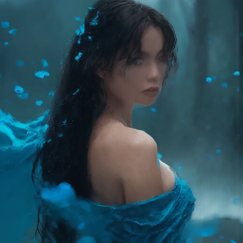 "A hyper-realistic, emotionally charged portrait of a woman inspired by Ophelia, embodying grace and elegance with a touch of melancholy. Her image is enveloped in soft, diffused lighting, casting gentle shadows that create a dreamlike, ethereal atmosphere. She is dressed in flowing, delicate fabrics in shades of majestic blue, symbolizing both serenity and sorrow. Her long black hair cascades softly around her, partially wet, as if she has emerged from water, catching the light in subtle highlights. Her gaze is distant, thoughtful, with a faint, melancholic expression that hints at unspoken emotions and depth. The background is blurred, awash in soft tones of blue and deep indigo, evoking a sense of mist and mystery, as if she is surrounded by a cloud of mood. Small blue flowers float gently around her, some tangled in her hair, adding a touch of symbolism and fragile beauty to the composition. The color palette is soft yet rich, blending hues of blue, indigo, and gentle aquamarine, creating a cohesive atmosphere that captures both the grace and tragedy of Ophelia. The overall effect is hauntingly beautiful, with a perfect balance of realism and fantasy, drawing viewers into her world and the emotions she silently conveys."


