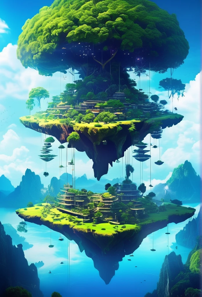 Sinister futuristic floating island suspended in the air, cities, fantasy, (villain hideout), (kawaii), cute, cute, anime style, technological, dark, funny, magical plant growth, extreme details, realistic light, blue sky, epic composition, (complex details), (complex design, ultra-details: 1.2), Art Station, (masterpiece, best quality), Ultra HD, 32k --v 6