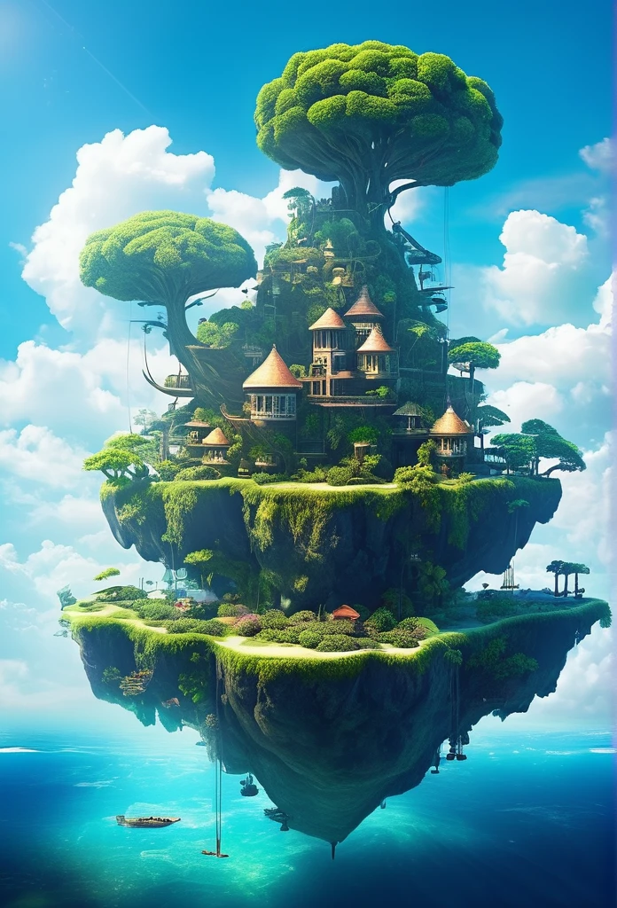 Sinister futuristic floating island suspended in the air, cities, fantasy, (villain hideout), (kawaii), cute, cute, anime style, technological, dark, funny, magical plant growth, extreme details, realistic light, blue sky, epic composition, (complex details), (complex design, ultra-details: 1.2), Art Station, (masterpiece, best quality), Ultra HD, 32k --v 6