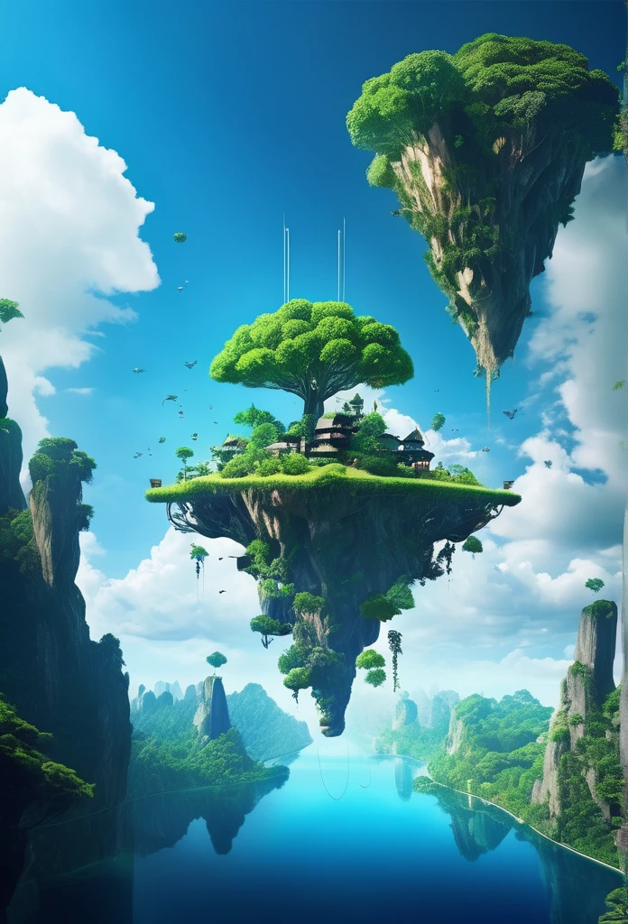 Sinister futuristic floating island suspended in the air, cities, fantasy, (villain hideout), (kawaii), cute, cute, anime style, technological, dark, funny, magical plant growth, extreme details, realistic light, blue sky, epic composition, (complex details), (complex design, ultra-details: 1.2), Art Station, (masterpiece, best quality), Ultra HD, 32k --v 6