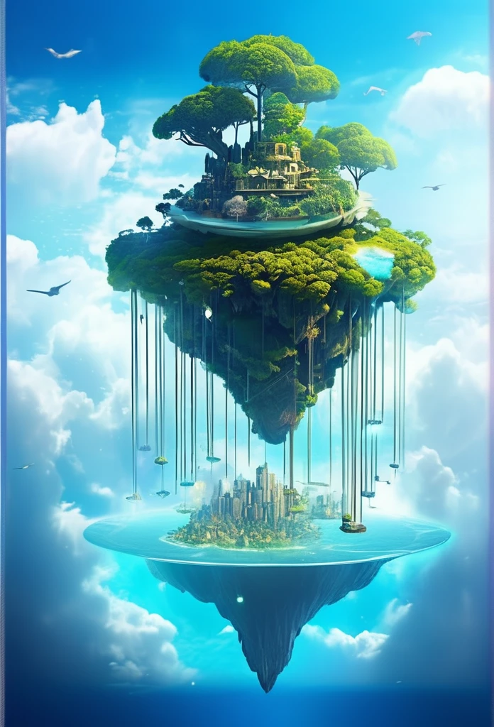 Sinister futuristic floating island suspended in the air, cities, fantasy, (villain hideout), (kawaii), cute, cute, anime style, technological, dark, funny, magical plant growth, extreme details, realistic light, blue sky, epic composition, (complex details), (complex design, ultra-details: 1.2), Art Station, (masterpiece, best quality), Ultra HD, 32k --v 6