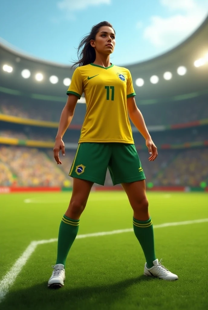 1 girl, brunette, 18 years old, big breasts, large hips, thin waist, flat stomach, thick thighs, brazil shirt, ponytail hair, very realistic, maximum details, 8k, background of the favela,no nude