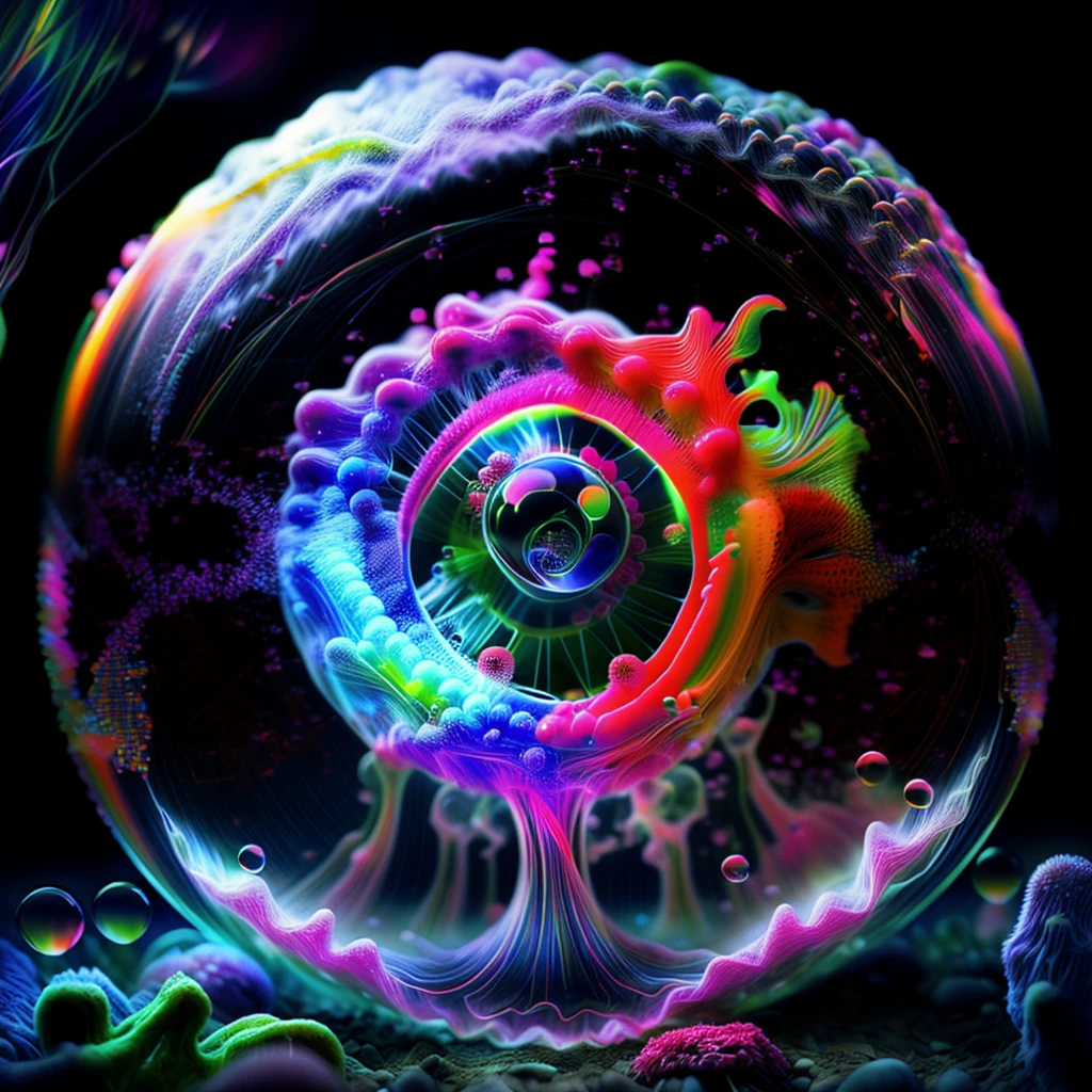 Brilliant images of pure light emerging from vibrant colors in a psychedelic dream, shimmering glass morphing out of colors, tripped out detailed patterns in all colors, perfectly formed symmetrical spheres and glowing reflective bubbles, attention to detail on the bubbles and spheres, rainbows of color twisted in and out of translucent orbs, background is spilled paint and spirals of swirling colour, beautiful psychedelic digital art, pixel art, neon colors, 4d mandelbulb psychedelics, glass like psychedelic landscape, intricate rainbow environment, psychedelic underwater brightness, LSD,DMT, Psilocybin, Mescaline, trails of color and light, bright fluorescent colors, psychedelic trip, fluorescent psychedelic aesthetic, psychedelic vibrant colors, bright psychedelic neon colors, colorful paint drips out of the bubbles, 3d glass spheres melt into each other spilling out colours, visually disorienting, hallucination inducing, optical illusions a must, startling, stunning images, awe inspiringly, best quality wallpaper, Pixel Assets, Portrait photography, surrealism, Photorealistic, Hyperdetailed, Glass Morphism, Digital Art, Sparkle, Optical Illusion, Glowing Light, Reflection Light, Overexposure, God rays Backlighting, Depth Of Field, Rotational Symmetry, UHD, High Details, High Quality, Super Detailed, Best Quality, Award Winning, holographic, holographic earth Masterpiece