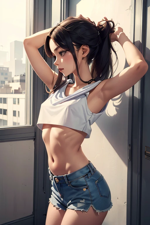 (photorealism:1.2), beautiful lady young, (((stunning girl))), thin waist, , (((crop top lifted up no bra))), (((little flat breast)))