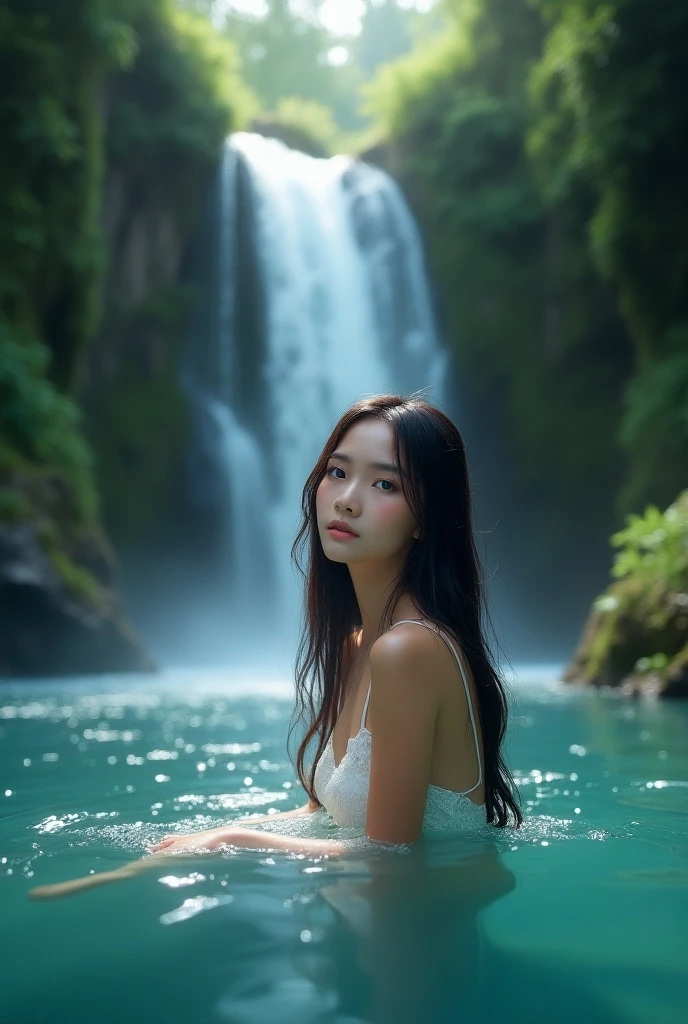 In a vast forest under the moonlight, a beautiful nymph swimming in the pond surrounded by a thick forest and high mountain, detailed face, detailed skin, detailed texture, detailed environment, seductive smile