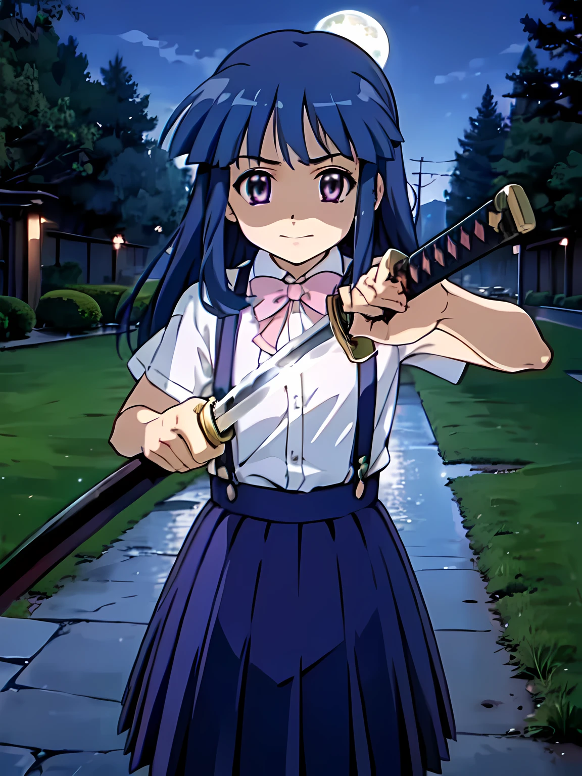 ((IncrsUnsheathingAKatanaMeme)), ((sheath)), ((holding sheath)), Furude Rika,  girl, Alone,  blue hair  ,  purple eyes,  white shirt  ,  pink ribbon ,  suspenders,  black skirt with katana ,  with the image of a woman holding Katana in the moonlight standing in a Japanese garden、It emphasizes the old-fashioned atmosphere and beauty 。