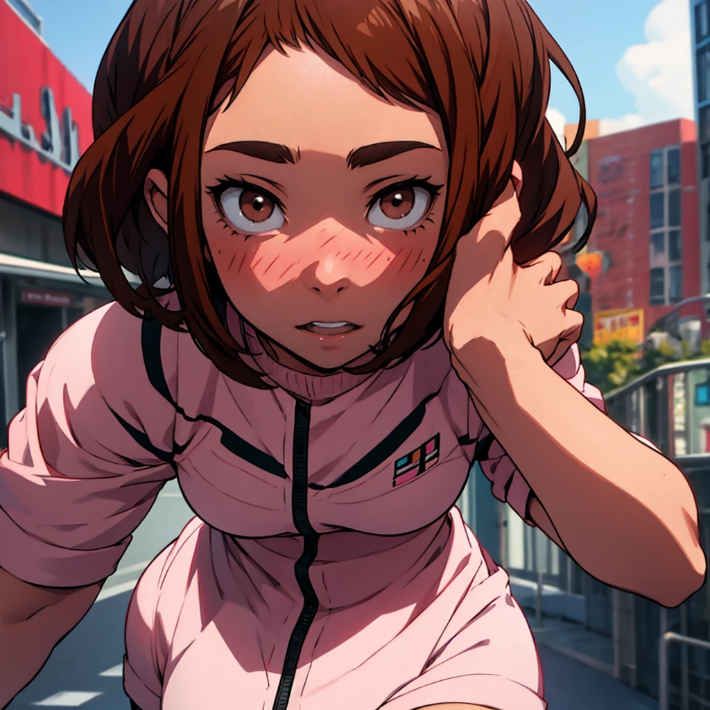 [Uraraka Ochako, female] [brown hair, short hair, brown eyes] [pink, black, white ripped loetard, tight, lowcut] [day time] [detail eyes, detail face, detail hand] [alone, standing, trying on new suite]