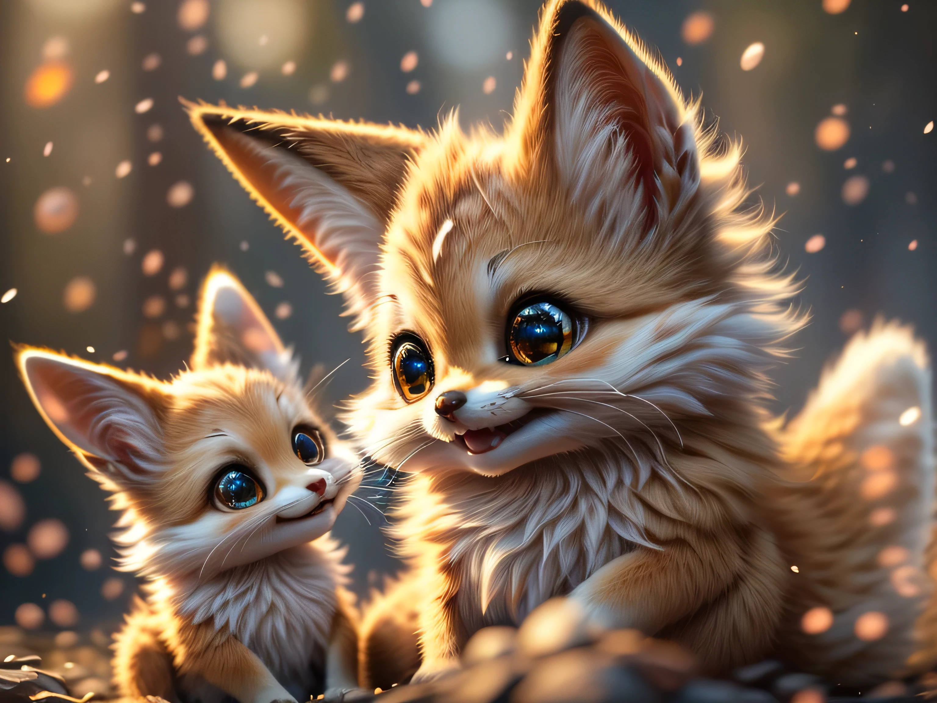 Magical Fantasy Creature, (Best Quality, Masterpiece, Representative Work, Official Art, Professional, Ultra Fine Detail, 8k:1.3), (Photorealism:1.2), Fox Spirit, Super Cute, Big Eyes, Soft, Delicate Nose, Fluffy, Two-Toothed Smile, Cute Fennec Fox Ghost, Realistic, Beautiful, Sparkling, Stars in Eyes, Star Pearl, Fox Lights, Soft Volumetric Light, (Backlight:1.3), (Cinematic:1.2), Intricate Details, (ArtStation:1.3), --auto --s2