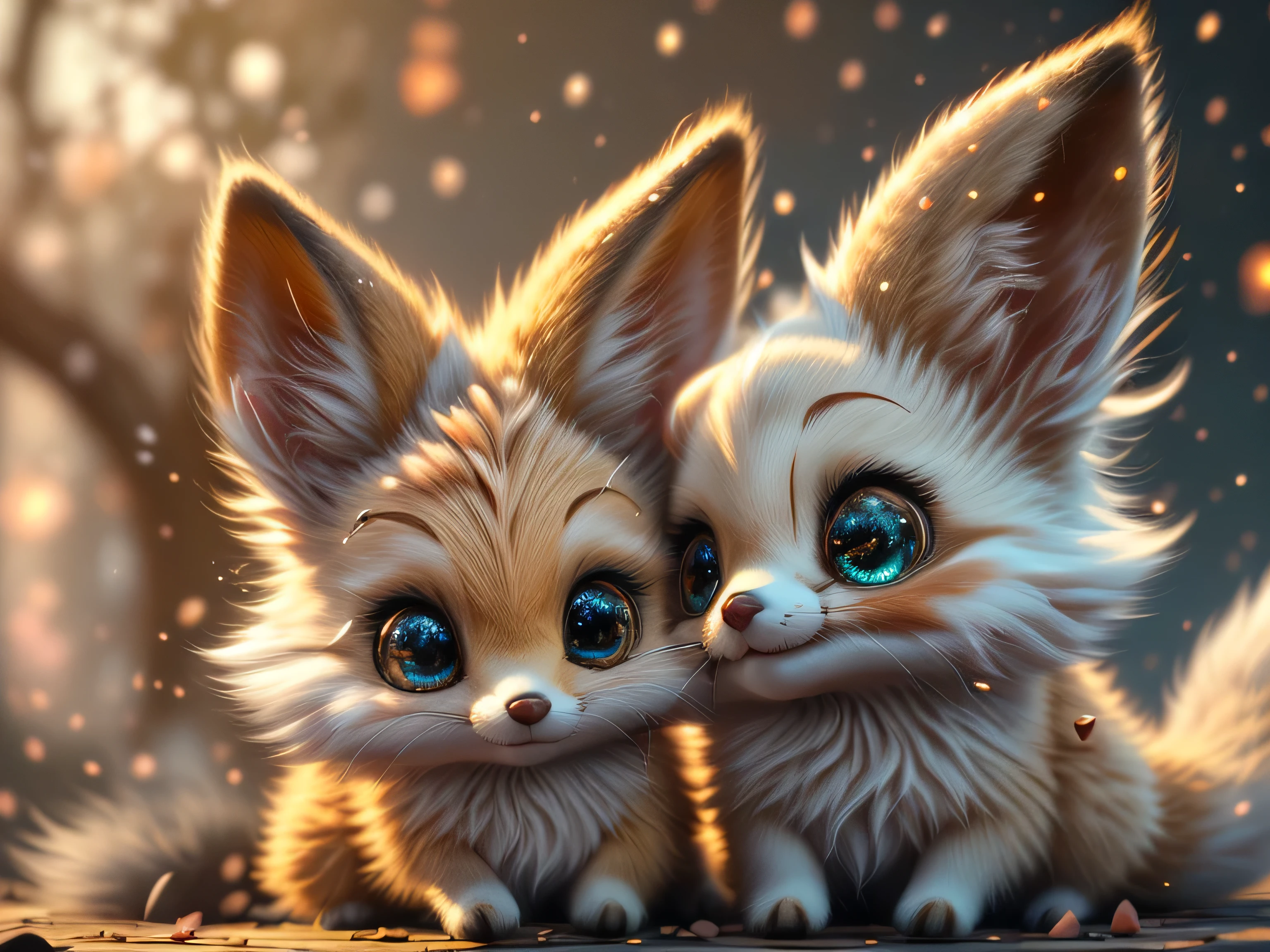 Magical Fantasy Creature, (Best Quality, Masterpiece, Representative Work, Official Art, Professional, Ultra Fine Detail, 8k:1.3), (Photorealism:1.2), Fox Spirit, Super Cute, Big Eyes, Soft, Delicate Nose, Fluffy, Two-Toothed Smile, Cute Fennec Fox Ghost, Realistic, Beautiful, Sparkling, Stars in Eyes, Star Pearl, Fox Lights, Soft Volumetric Light, (Backlight:1.3), (Cinematic:1.2), Intricate Details, (ArtStation:1.3), --auto --s2