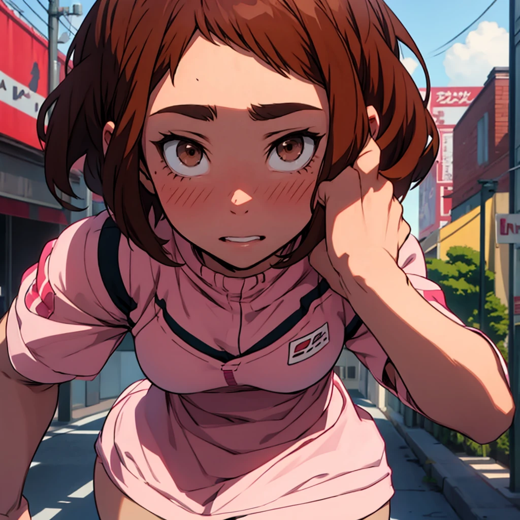 [Uraraka Ochako, female] [brown hair, short hair, brown eyes] [pink, black, white ripped loetard, tight, lowcut] [day time] [detail eyes, detail face, detail hand] [alone, standing, trying on new suite]