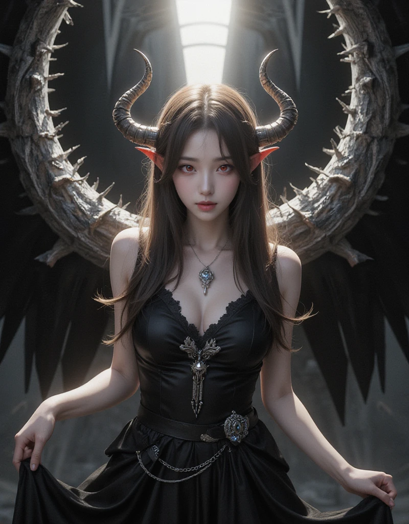 a gothic pale woman with beautifully tattooed horns, a goddess of darkness with seductive features and demon wings, (intense and seductive) eyes, a (pale and flawless) face, (sharp and captivating) cheekbones, (plump and alluring) lips, (flowing and dark) hair, (mysterious and enchanting) aura, (elegant and tasteful) black clothing, (intricately designed) tattoos, (sinister and alluring) presence, (allurignly) confident stance, (subtly) glowing eyes, (graceful and strong) body language, (mesmerizing) gaze, (hauntingly) beautiful expression, (charmingly) crooked smile, (faint and delicate) horns, (delicate and intricate) wing details, (sharp and ominous) edges, (dark and ominous) wingspan, (gracefully) extended wings, (elegant and graceful) poses, (ethereal and enchanting) background, (subtle and atmospheric) lighting, (dark and moody) color palette, (mysterious and captivating) atmosphere, (dramatic and intense) shadows, (intricately) detailed artwork, (high contrast and dramatic) portraits, (hauntingly) beautiful scenery, (majestic and mystical) vibes, (emotionally) powerful imagery, (rich and deep) textures, (hypnotic) visual effects, (dreamlike) illusions, (intense and mesmerizing) compositions, (stunning and immersive) realism.
