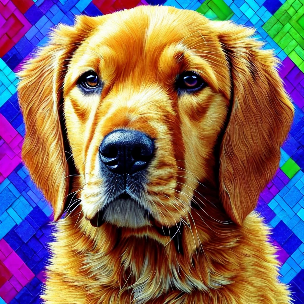 A golden retriever puppy, intricate mosaic art style, detailed fur texture, geometric shapes, vivid colors, symmetrical patterns, reflective metallic elements, abstract background, photorealistic, (best quality,4k,8k,highres,masterpiece:1.2),ultra-detailed,(realistic,photorealistic,photo-realistic:1.37),HDR,UHD,studio lighting,ultra-fine painting,sharp focus,physically-based rendering,extreme detail description,professional,vivid colors,bokeh