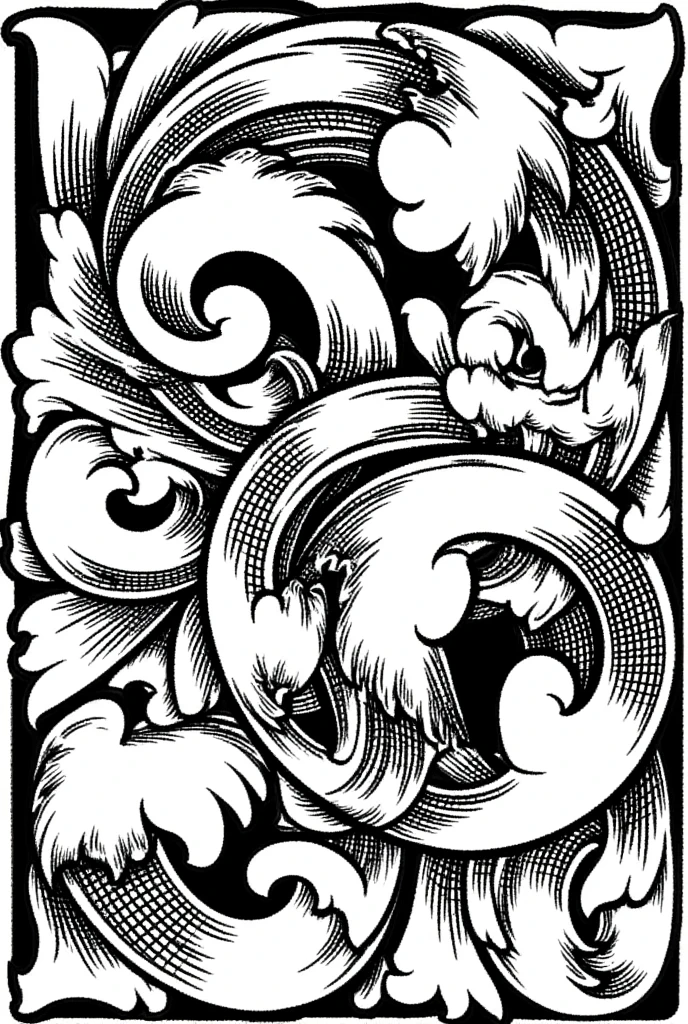 create a black and white flowing woven simple hatched fill McKenzie scrolls