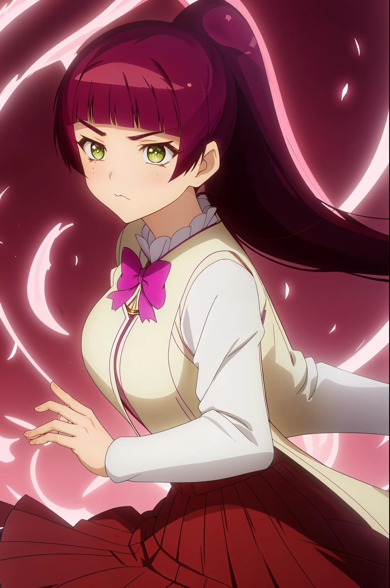 Kyoko Jingu, from Jahy-sama wa Kujikenai!, is a magical girl with dark maroon hair usually styled in a ponytail, and vibrant green eyes. She typically wears a school uniform with a long skirt, reflecting her life as a student. Her appearance transforms dramatically when she becomes a magical girl: her hair lightens and becomes shorter, adorned with large ribbons on each side, and she dons a shorter, frilly dress indicative of her magical persona​