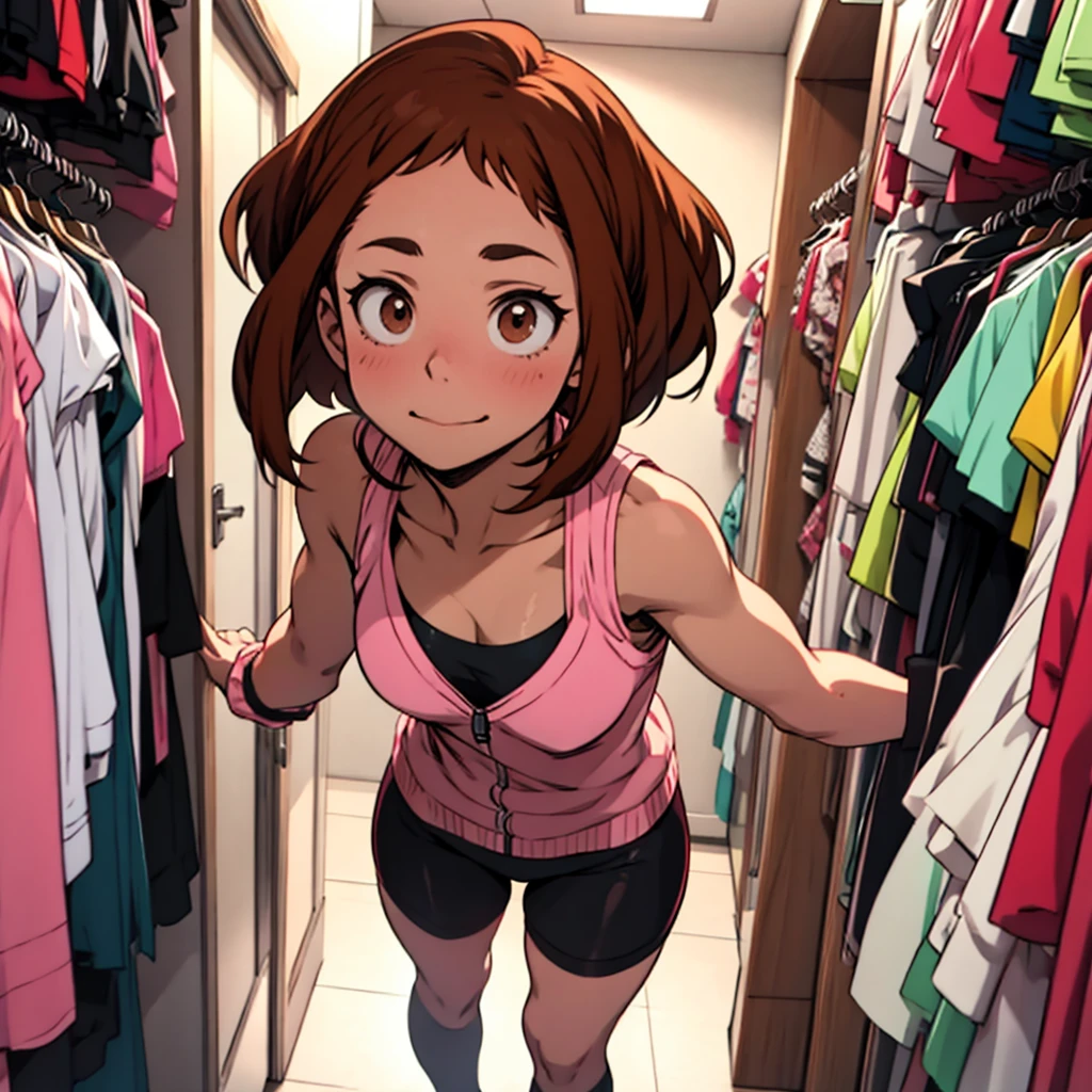 [Uraraka Ochako, female] [brown hair, short hair, brown eyes] [pink, black, white ripped loetard, tight, lowcut] [day time] [detail eyes, detail face, detail hand, full body] [alone, standing, trying on new suite, closet setting with a mirror]