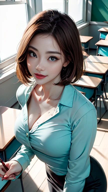 (a portrait with sharp focus and crisp quality, highlighting the subject's facial features, perfect anatomy)、 cowboy shot 、(from above, upper body, looking down)、( Female Teacher Walking Through Classroom :1.4)、30 years old、 Teal Eyelids、Round eyes、 slender、Big Breasts、 (Perfect Makeup、 perfect face、Beautiful forehead、Beautiful clavicle、 pubic skin、 white skin、 Teal Eyelids、 anatomically correct hands、Accurate facial depiction、Accurate eye depiction、Accurate finger drawing、 Anatomically Correct Fingers 、 Anatomically Correct Legs 、Beautiful eye depiction)、 light brown hair、( Clean Pixie Cut Hair )、 Teal Eyelids、Round eyes、smile、 Slightly Open Red Lips 、((( Neat White Long Sleeve Blouse BREAK Black Pencil Skirt)))、Active Woman 、Cool woman、 Female Teacher Like an Older Sister 、