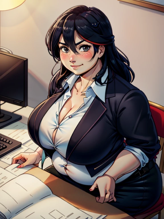 high quality, best quality, beautiful, perfect lighting, detailed face, ((1girl)), ((solo)), Imagine Ryuko Matoi as an adult secretary, 45yo, MILF, plus sized milf, mature face, fat face, chubby cheeks, wrinkles around the face, ((medium breasts)), chubby, love handles, muffin-top, round belly BREAK (Wearing: Navy blue business suit with crimson outline's, navy blue pencil skirt) BREAK smile, ((blush)), looking at viewer BREAK (Background: Indoors, corporate office)
