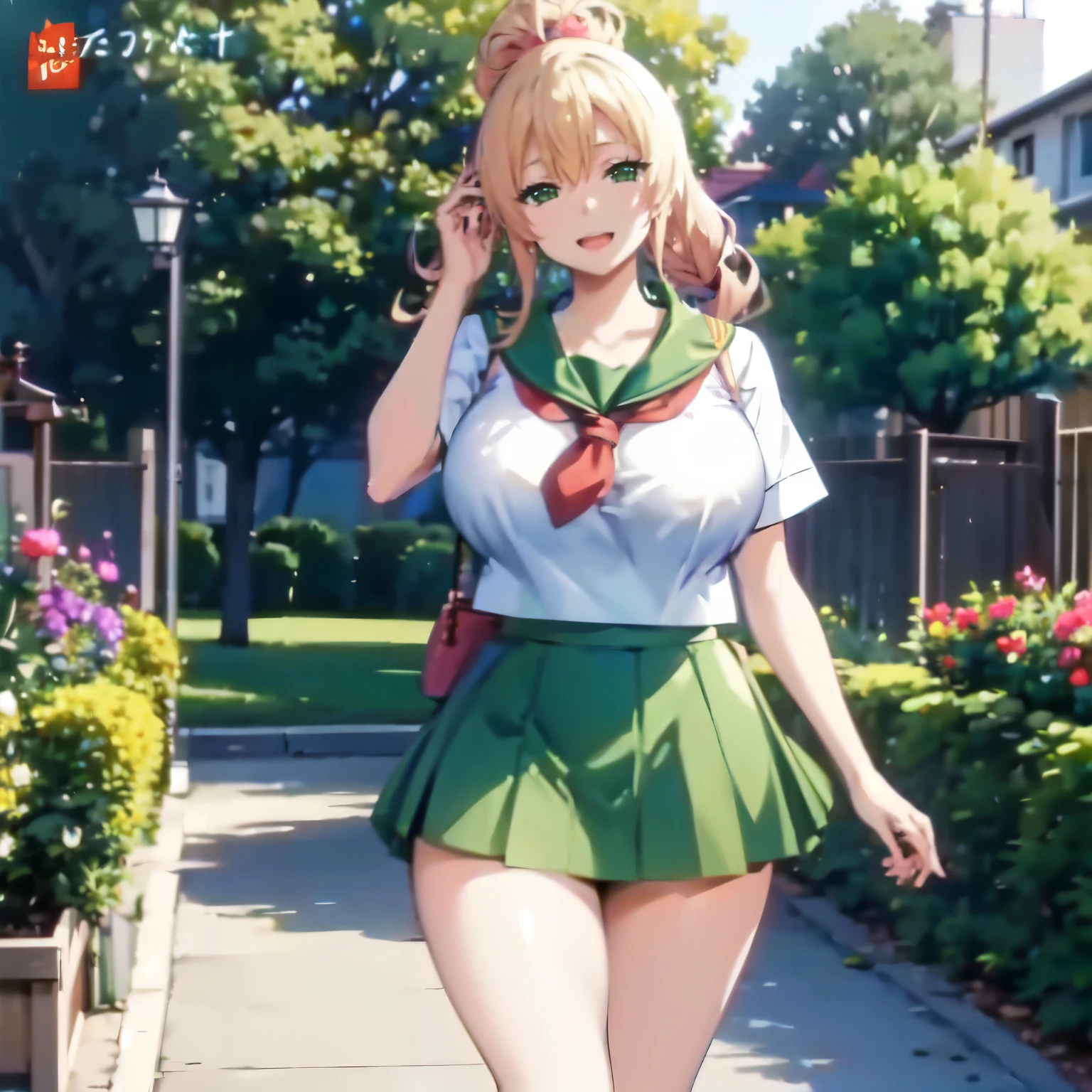 Blonde hair, very huge tits    , ((sailor uniform, green short skirt)), thick, busty, green eyes,  ponytail hair, upperbody, smile, cleavage, legs, thigh, garden flower background