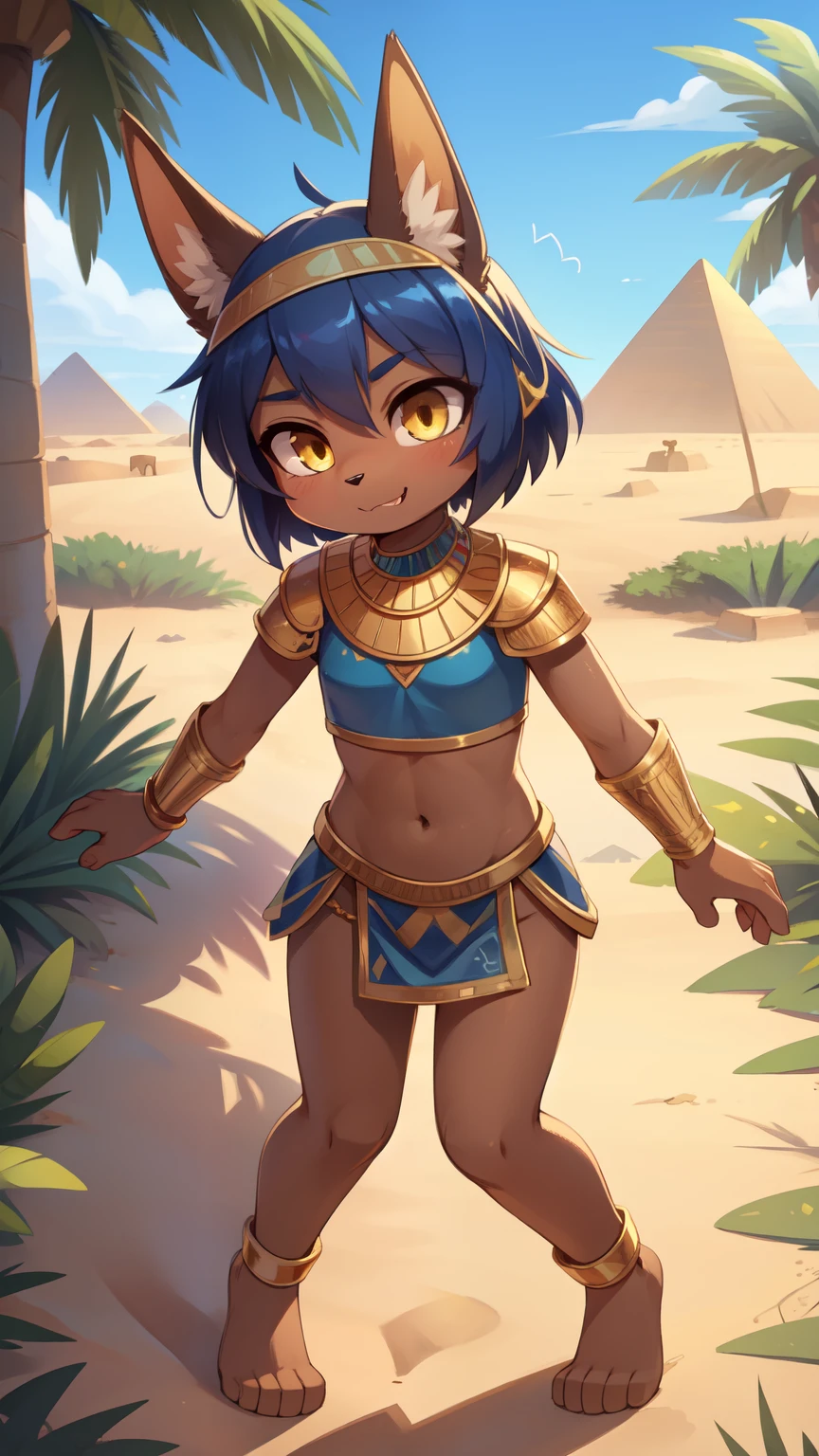 score_9,score_8_up,score_7_up, source_cartoon, source_furry, Anubis, Furry girl, jackal, blue hair, short bob messy hair, yellow eyes, detailed body fur, ((minuscule Egyptian antique clothes, cute sexy and almost naked, gold crop top armor, midriff, gold headband)), small breasts, masterpiece, looking at you, fangs, brown body fur, detailed face, big eyebrows, detailed eyes, detailed body, detailed body fur, detailed hands, flat body, glistering body, shiny body, skinny, perfect lighting, perfect shadows, perfect eyes, perfect hair, perfect face, gorgeous body, solo, :3, full body, feets with three toes, desert, oasis, palm tree, clear sky, motion blur, DND style, BREAK,