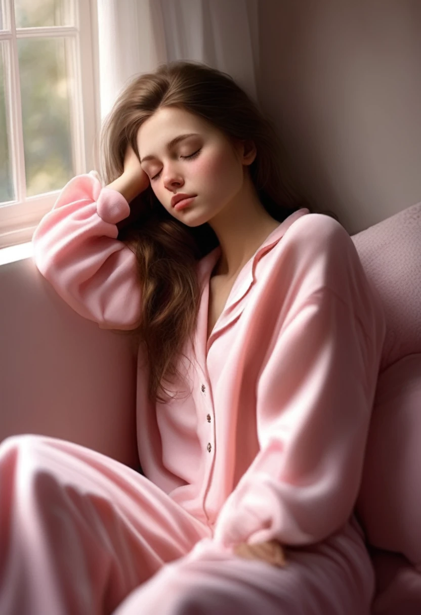 Sleeping girl, 22 years old, realistic, she is wearing long pants, she is wearing pink pajama, brown hair.