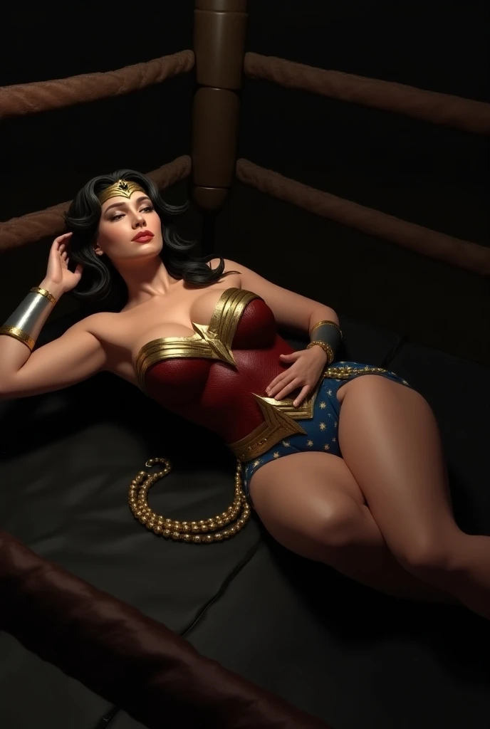 Gal Gadot naked on a bed with her hands and legs tied, suada, chorando, desfalecendo, nariz e bochecha avermelhadas, Gooey tentacle entering anus