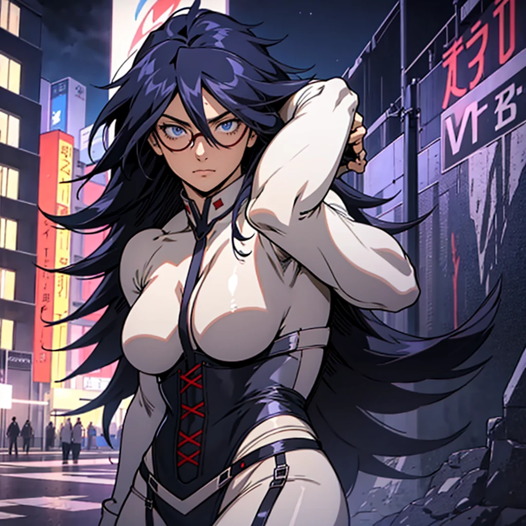 [nemuri kayama, female, tone, large breast] [dark purple long hair, sky blue eyes] [red framed glasses, white bodysuite, black corset, black thigh boots] [night time] [detail eyes, detail face, detail hand] [alone, sneaking outside a building, outside setting]