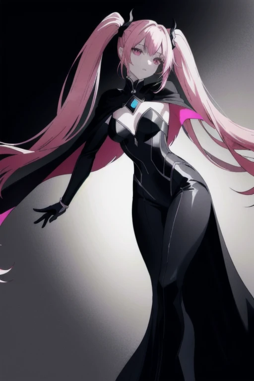 (((Long Red Hair))),Red hair,kawai,(((Eyes visible from bangs,hair above eyes:1.3))),,Large breasts,(purple eye color),,(purple narrow eyes), 1 girl in, bangs, long blonde hair, pantyhose, Cowboy Shot, white background, Straight hair, (On both sides of the head there are sharp black devil horns) Wearing a white fox fur coat) wearing a black shirt (using black gloves) ( (pose head bowed)) Ter's hair hangs straight down, has two sharp black horns (slant purple eyes) Must wear black clothes! (The black sleeves are made of completely black cloth. The sleeves are folded up to the elbows.) Wearing black gloves) Wearing an open mouth like panic) Wearing tight, shiny black pants (Tight black pants that shine like rubber) hands down Slender body (((hands on chest pose))) (all colors black shirt black cloth)